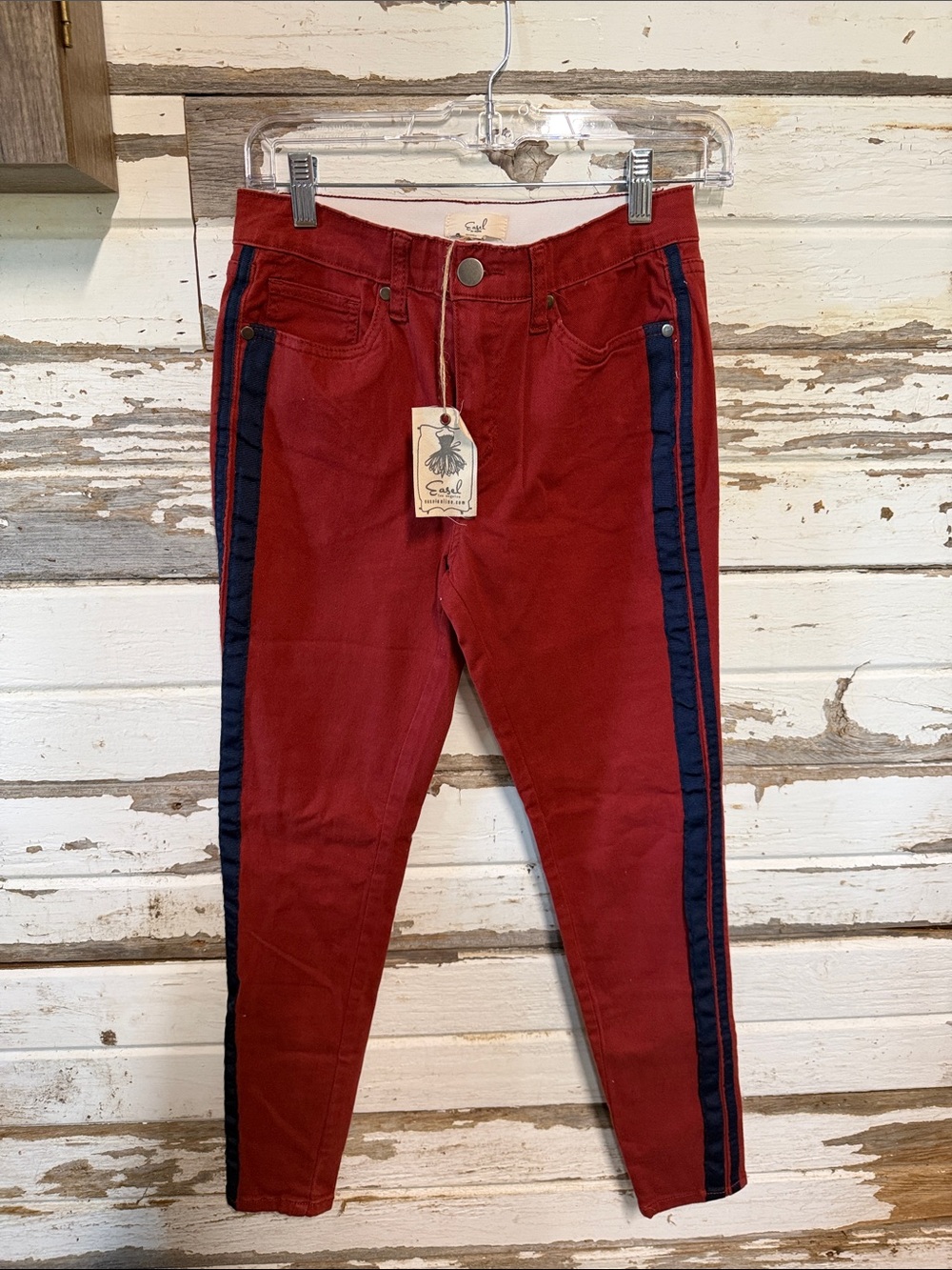 Women's Crimson Skinny Jeans with Navy Side Stripe